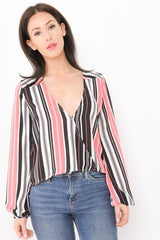 Striped Dip Hem Wrap Front Top