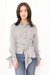 Tie Front And Sleeve Striped Shirt