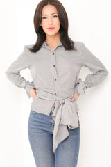 Tie Front And Sleeve Striped Shirt