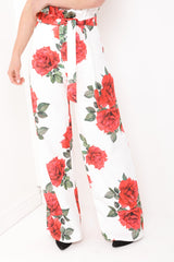 Rose Print Wide Leg Paper Bag Trousers