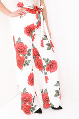 Rose Print Wide Leg Paper Bag Trousers
