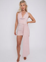 Lurex Halfter Cowl Hals geraumeltes Kleid mit drapierten Details