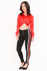 Red & White Side Stripe Zip Up Leggings