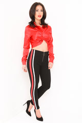 Red & White Side Stripe Zip Up Leggings