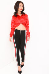Red & White Side Stripe Zip Up Leggings