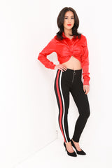 Red & White Side Stripe Zip Up Leggings