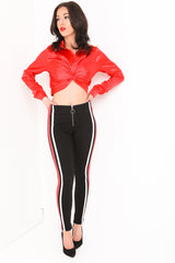 Red & White Side Stripe Zip Up Leggings