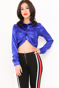 Twist Front Cropped Satin Shirt - Royal Blue