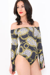 Leopard Chain Print Bardot Bodysuit