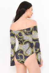 Leopard Chain Print Bardot Bodysuit