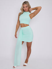 Slinky Crop Top & Ruched Skirt With Drape Co-ord