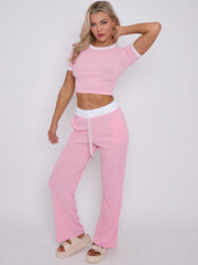 Contrast Trim Ribbed Crop Top & Wide Leg Trouser Co-ord