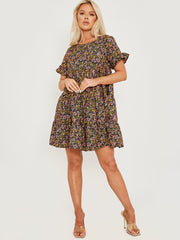 Ditsy Floral Print Frill Tiered Smock Dress