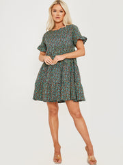 Ditsy Floral Print Frill Tiered Smock Dress