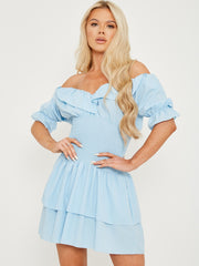 Frill Detail Shirred Bardot Dress