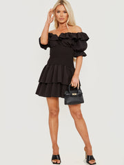 Frill Detail Shirred Bardot Dress