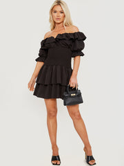 Frill Detail Shirred Bardot Dress