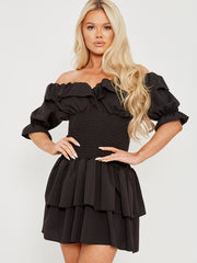 Frill Detail Shirred Bardot Dress