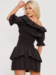 Frill Detail Shirred Bardot Dress
