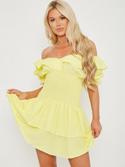 Frill Detail Shirred Bardot Dress