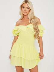 Frill Detail Shirred Bardot Dress