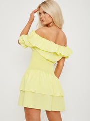 Frill Detail Shirred Bardot Dress