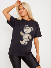Gold Glitter Detail Teddy Printed T-Shirt
