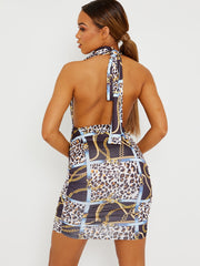Leopard Chain Print Slinky Halter Ruched Dress