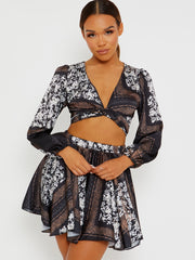 Floral Print Satin Crop Top & Skirt Co-ord