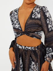 Floral Print Satin Crop Top & Skirt Co-ord