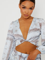 Floral Print Satin Crop Top & Skirt Co-ord