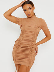 High Neck Ribbed Ruched Dress