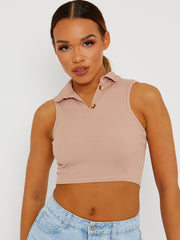 Ribbed Half-Button Placket Cropped Tank Top