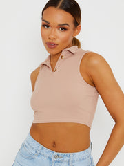 Ribbed Half-Button Placket Cropped Tank Top