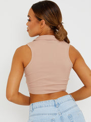 Ribbed Half-Button Placket Cropped Tank Top