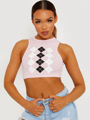 Argyle Print Ribbed Tank Crop Top
