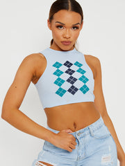 Argyle Print Ribbed Tank Crop Top