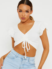 Cap Sleeve Ruched Front Ribbed Crop Top