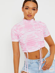 Tie-dye geribbelde ruches crop top