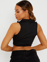 Ribbed Half-Button Placket Cropped Tank Top