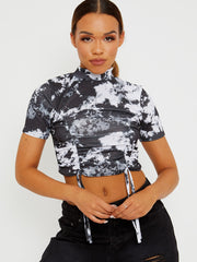 Tie-dye geribbelde ruches crop top