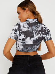 Tie-dye geribbelde ruches crop top