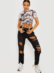 Tie-dye geribbelde ruches crop top