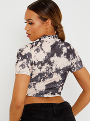 Tie-dye geribbelde ruches crop top