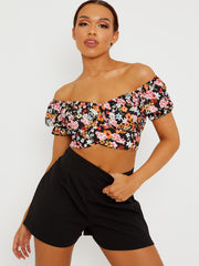 Tie Knot Back Floral Print Bardot Crop Top