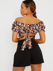 Tie Knot Back Floral Print Bardot Crop Top