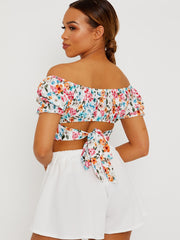 Tie Knot Back Floral Print Bardot Crop Top