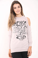 Loop Back Rose Print Cold Shoulder Sweat Top
