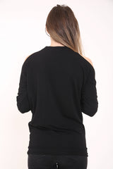 Loop Back Rose Print Cold Shoulder Sweat Top