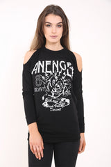 Loop Back Rose Print Cold Shoulder Sweat Top
